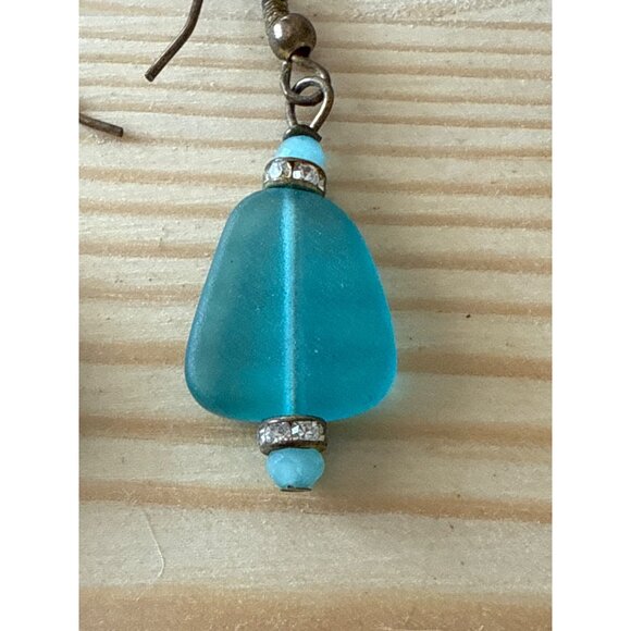 Blue Dangle Earrings With Rhinestone Accents & Bronze Hooks - Picture 3 of 5